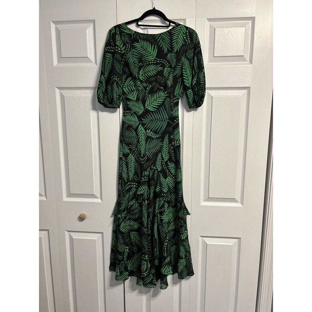 Rixo London Cheryl Cuba Palm leaf Maxi Frill Hem Dress women’s XS green black